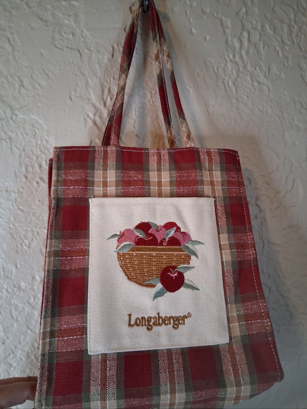 Longaberger Red and Cream Plaid Small Tote with Embroidered Apple Basket